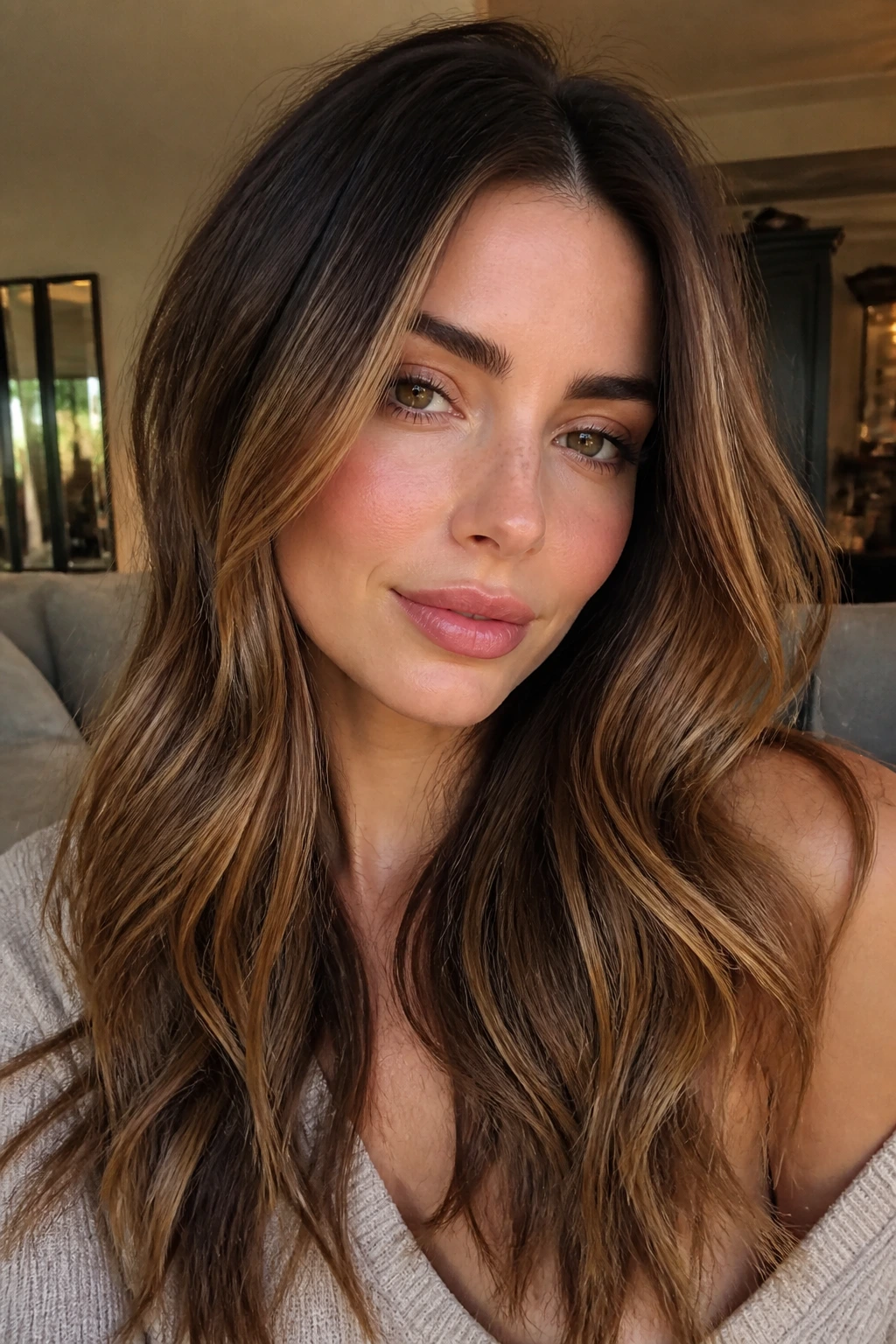 Close-up portrait of a real woman with smoked caramel brunette hair, smoky roots and caramel mids in warm lighting