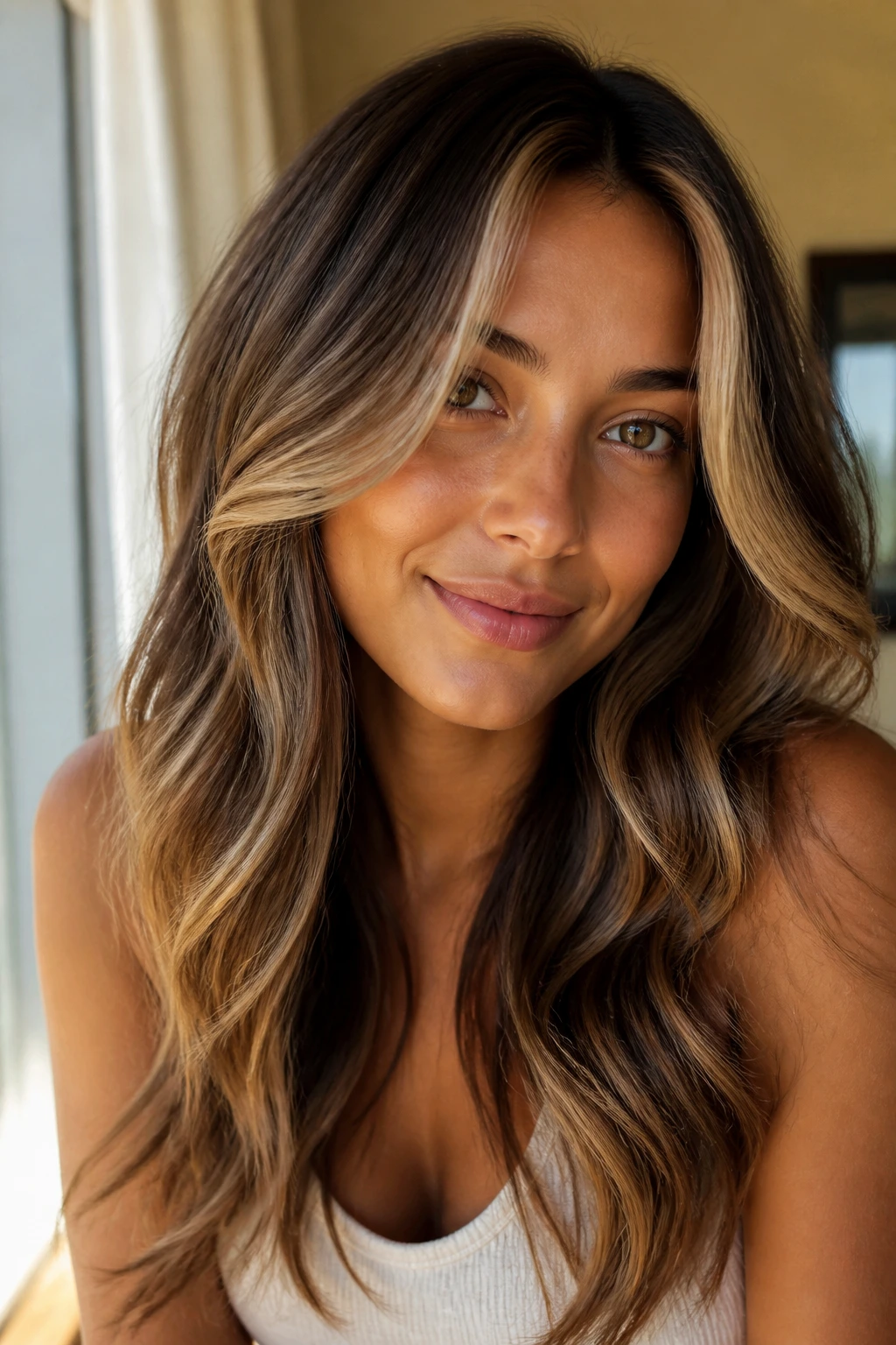 Close-up of a real woman with smoked caramel curtain layers near the face