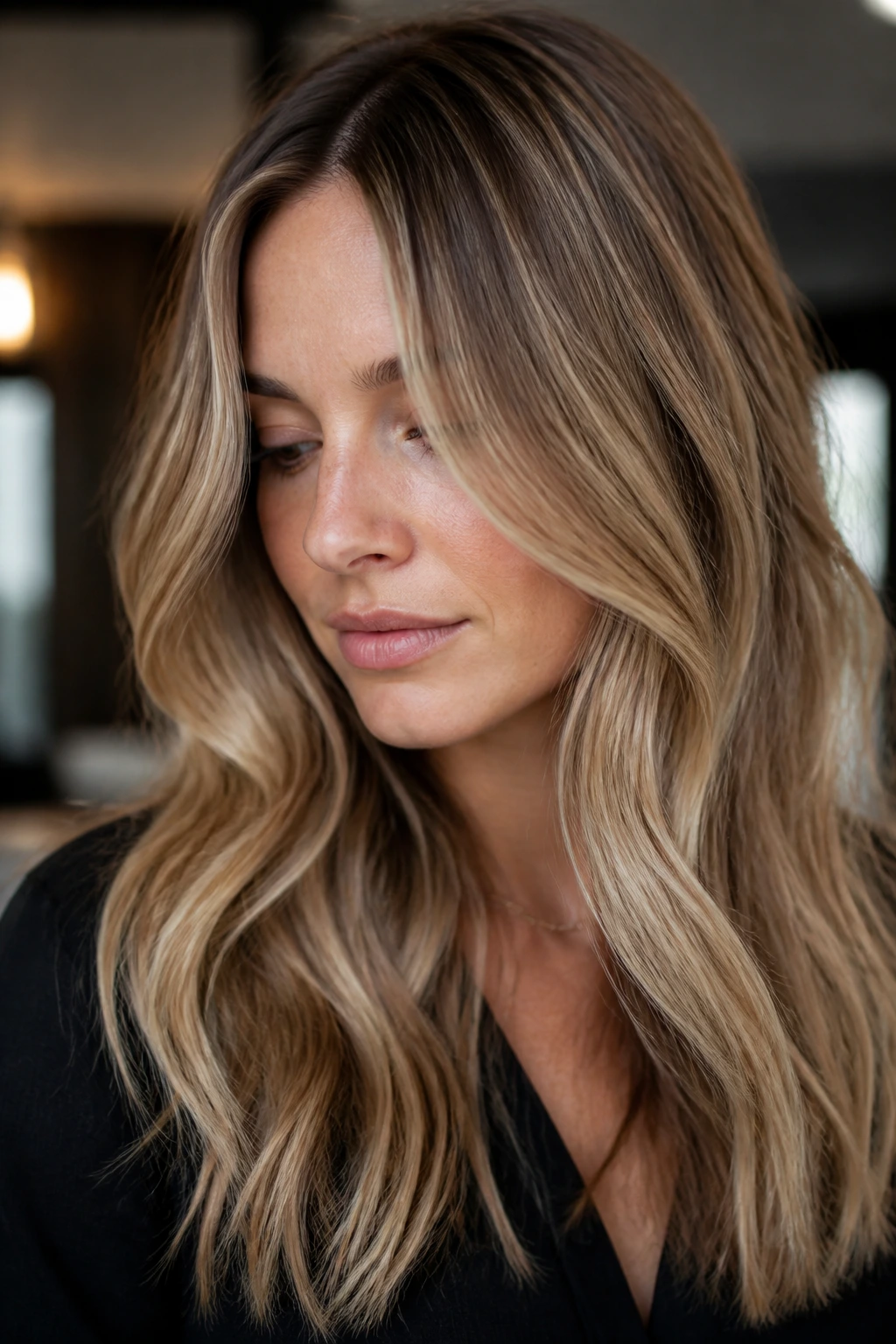 Blonde hair with smoked caramel gloss for a softer warm result