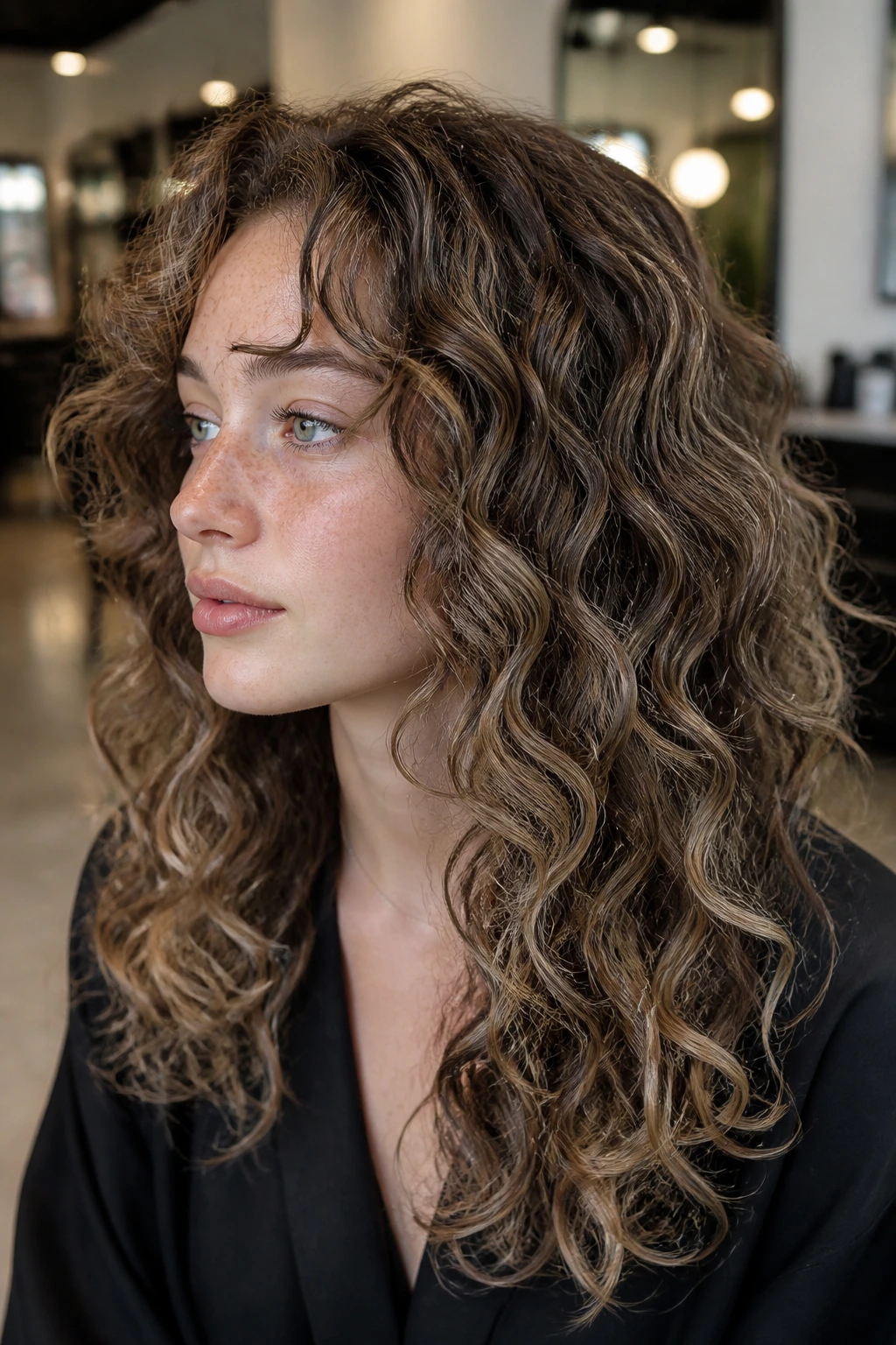 Close-up of a real woman with smoked caramel highlights through mids and ends