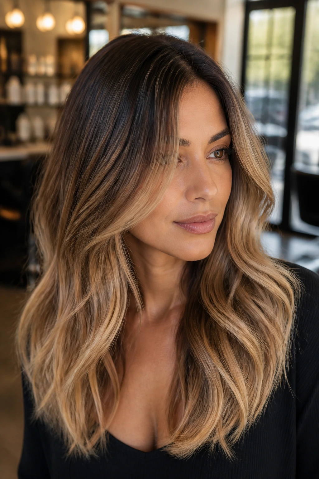 Close-up of a real person with smoked-root brunette blending to caramel mids and honey ends.