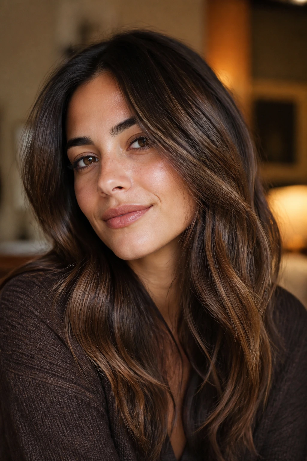 Portrait of deep brunette hair with smoked caramel highlights on olive skin.