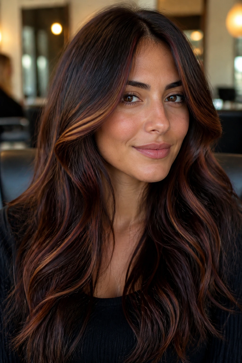 Portrait of a woman with smoked caramel and red blend highlights in brunette hair