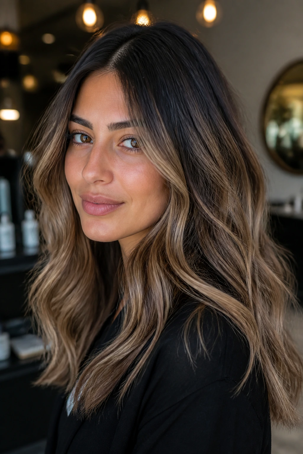 Close-up portrait of a person with smoked caramel root melt hair on olive skin; dark roots fade into caramel ends.