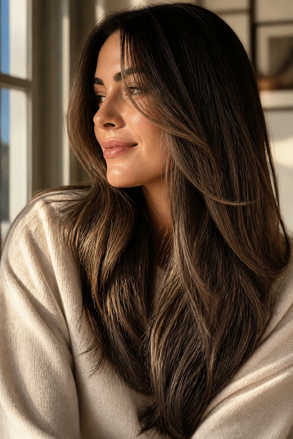 Close-up of a real woman showing smoked brown ends on long hair