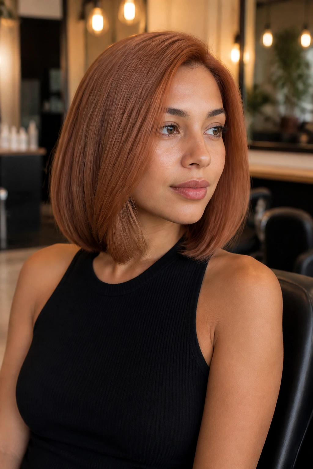 Close-up portrait of a real person with smoked ginger bob on olive skin