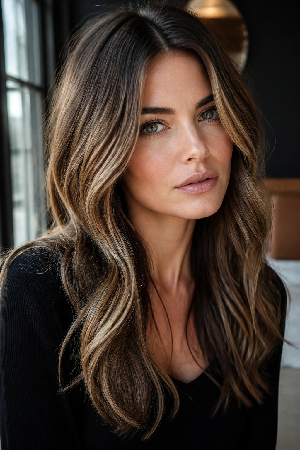 Real woman with smoked gold brunette hair in natural window light