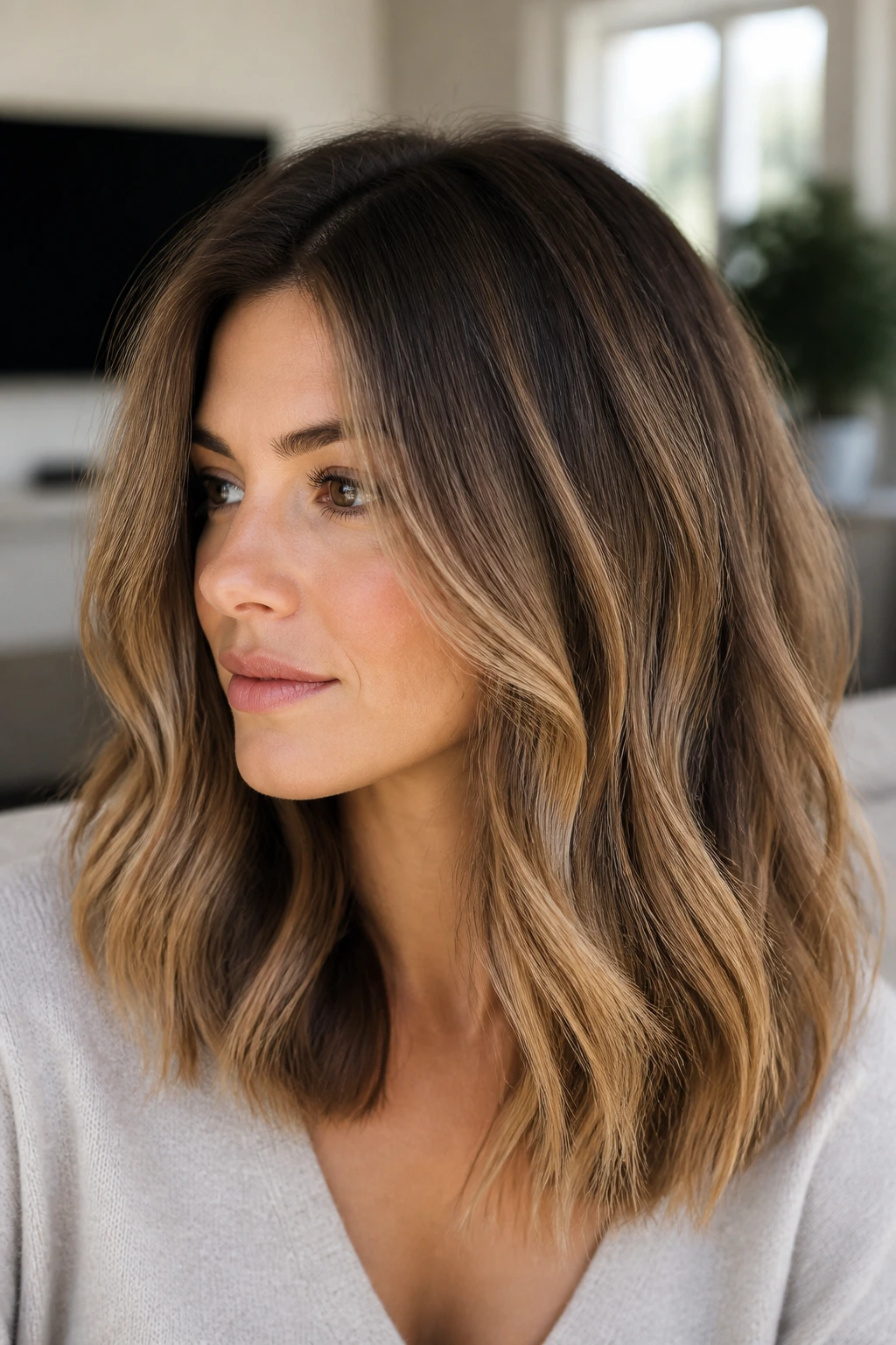 Portrait of a woman with smoked honey balayage showing smoky root and beige honey tones