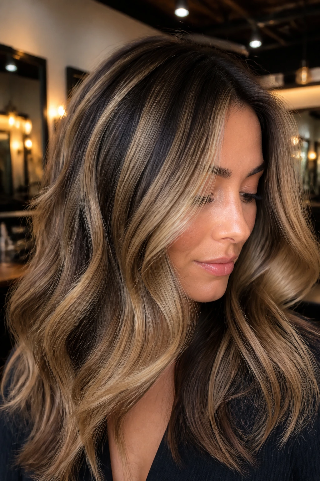 Portrait of woman with smoked honey balayage hair and smoky lowlights