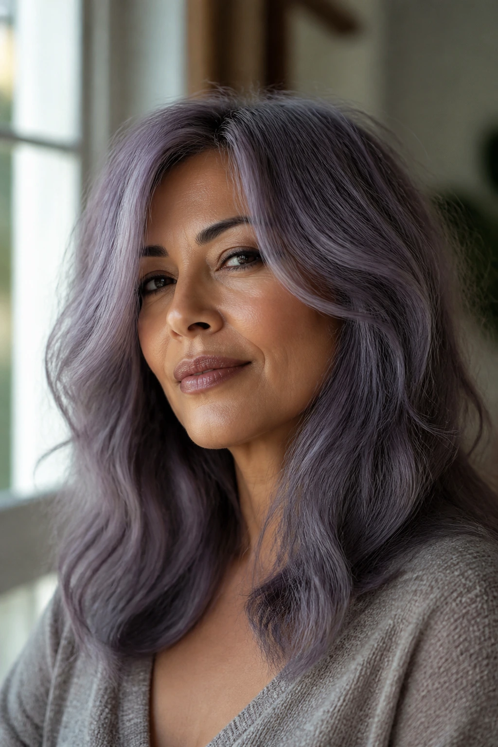 Close-up of a person with smoked lavender grey hair in daylight