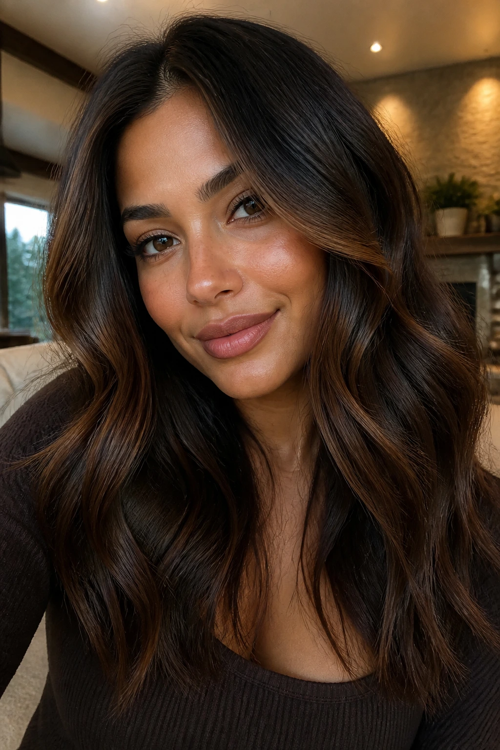 Close-up portrait showing Smoked Maple Brunette tones on tan skin.