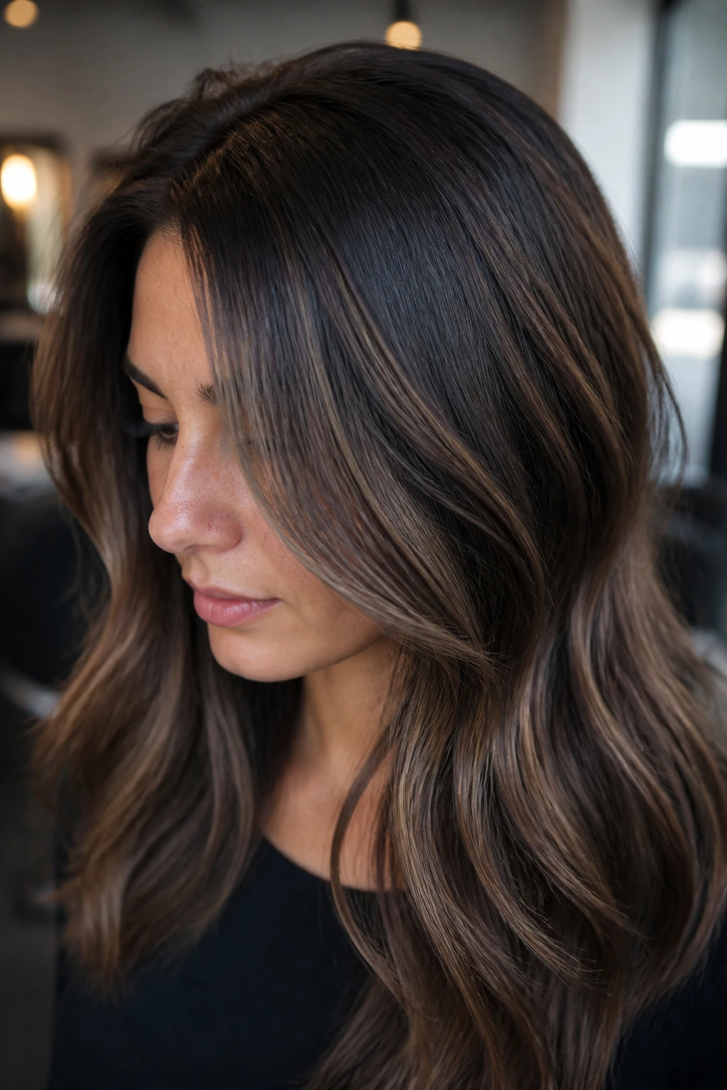Hair with smoked mocha lowlights adding dimension on a real person