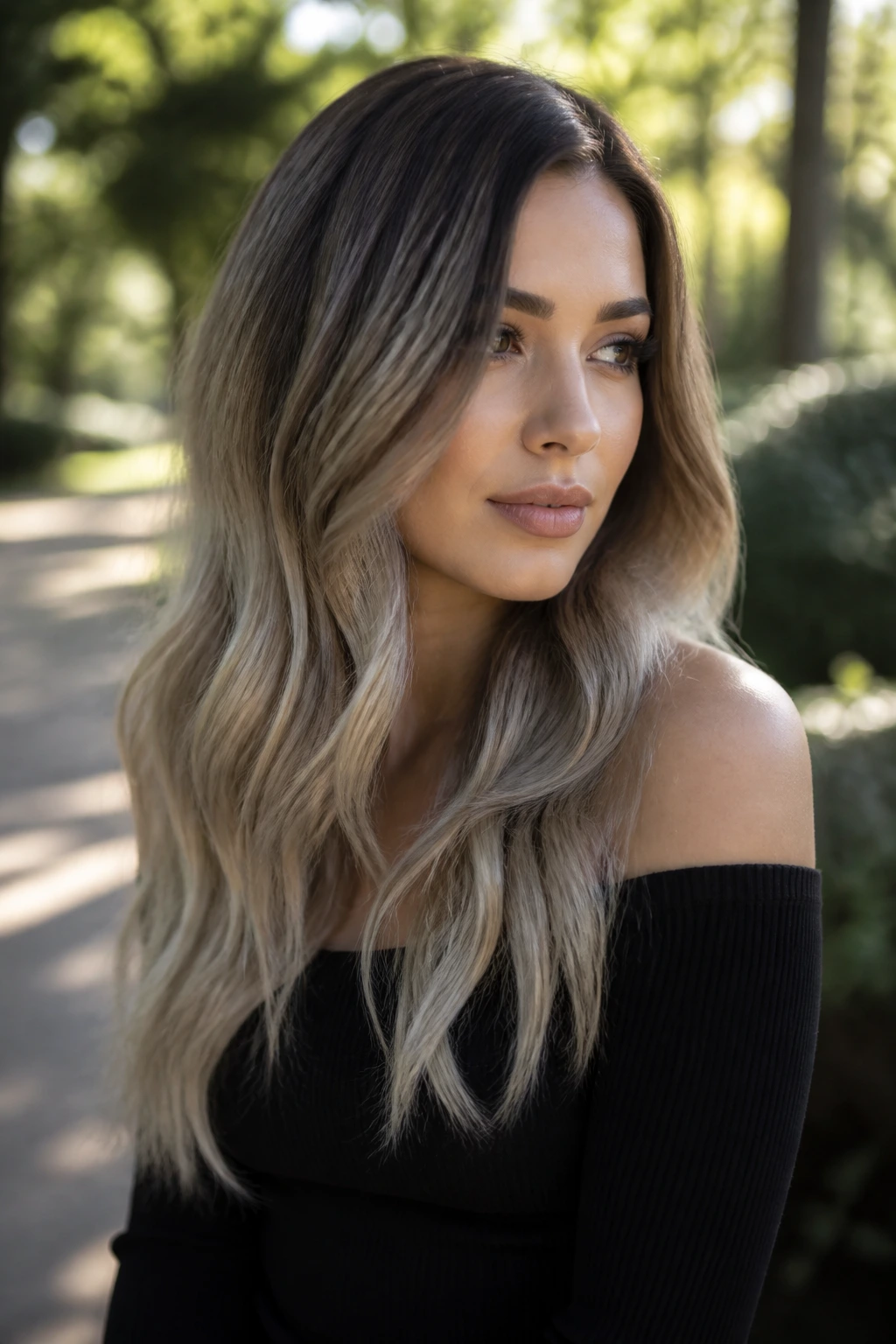 Portrait of a woman with smoked-out ombré hair gradient from dark roots to ash ends