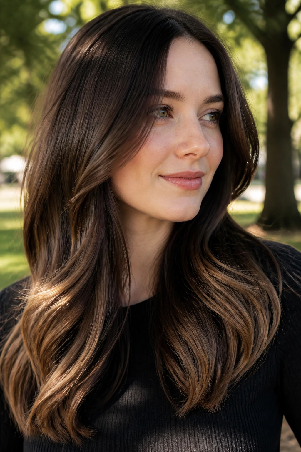 Hair with smoked praline ends showing deeper bottom tones
