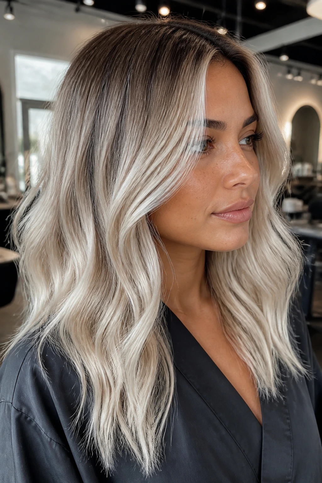 Smoked root melt blonde hairstyle on a real person; close-up portrait.