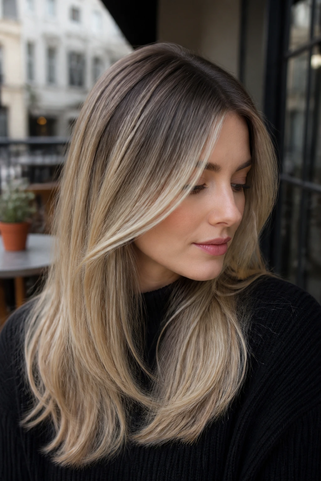 Portrait of a woman with smoked sand blonde and shadow root, darker roots blending into sandy ends