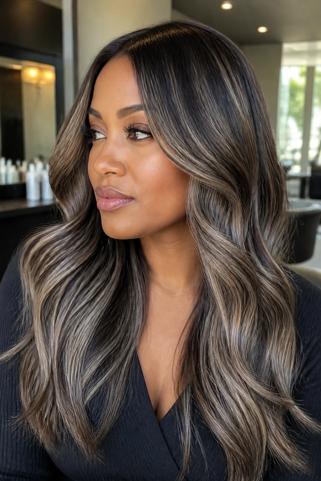 Portrait of a real person with smoked taupe balayage and glossy finish