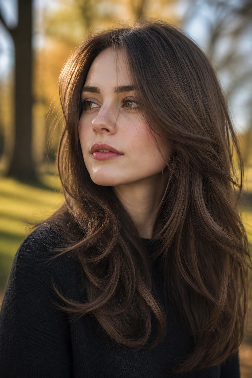 Real woman with smoked walnut layered hair outdoors in sunlight