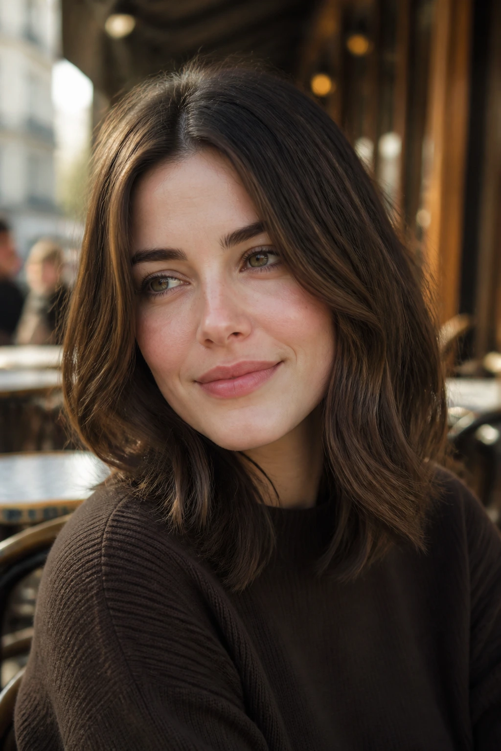 Close-up of smoky almond brunette on a real person with soft depth