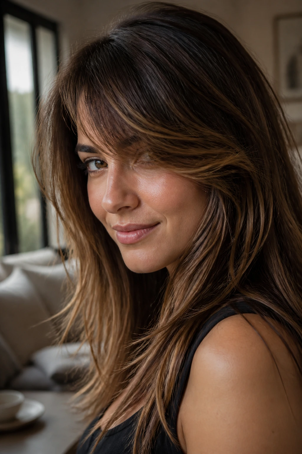 Close-up of brunette with smoky amber balayage around side-swept bangs in window light