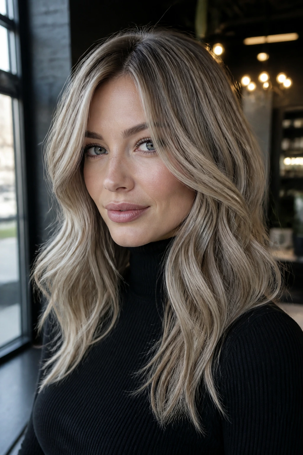 Close-up of a real woman with smoky ash blonde hair and subtle lowlights