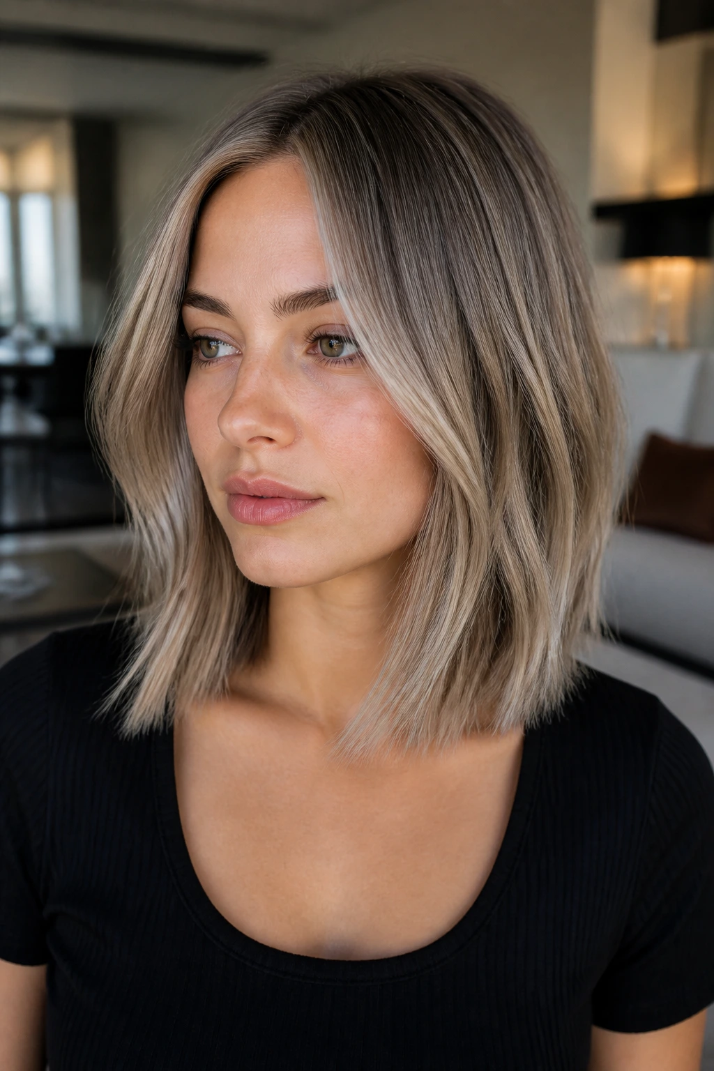 Portrait of real person with smoky ash blonde lob in soft window light