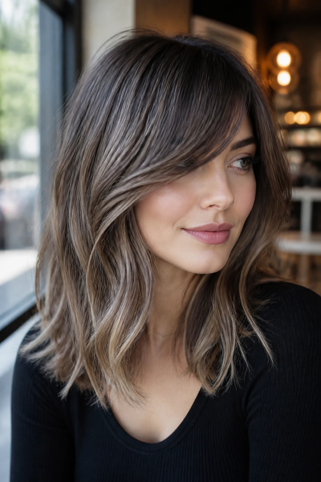 Portrait of a real woman with Smoky Ash Brown Balayage and side-swept bangs in cafe light