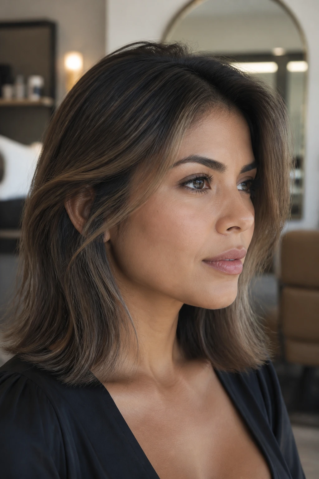Close-up of smoky ash-brown contour at temples and ears on a real woman