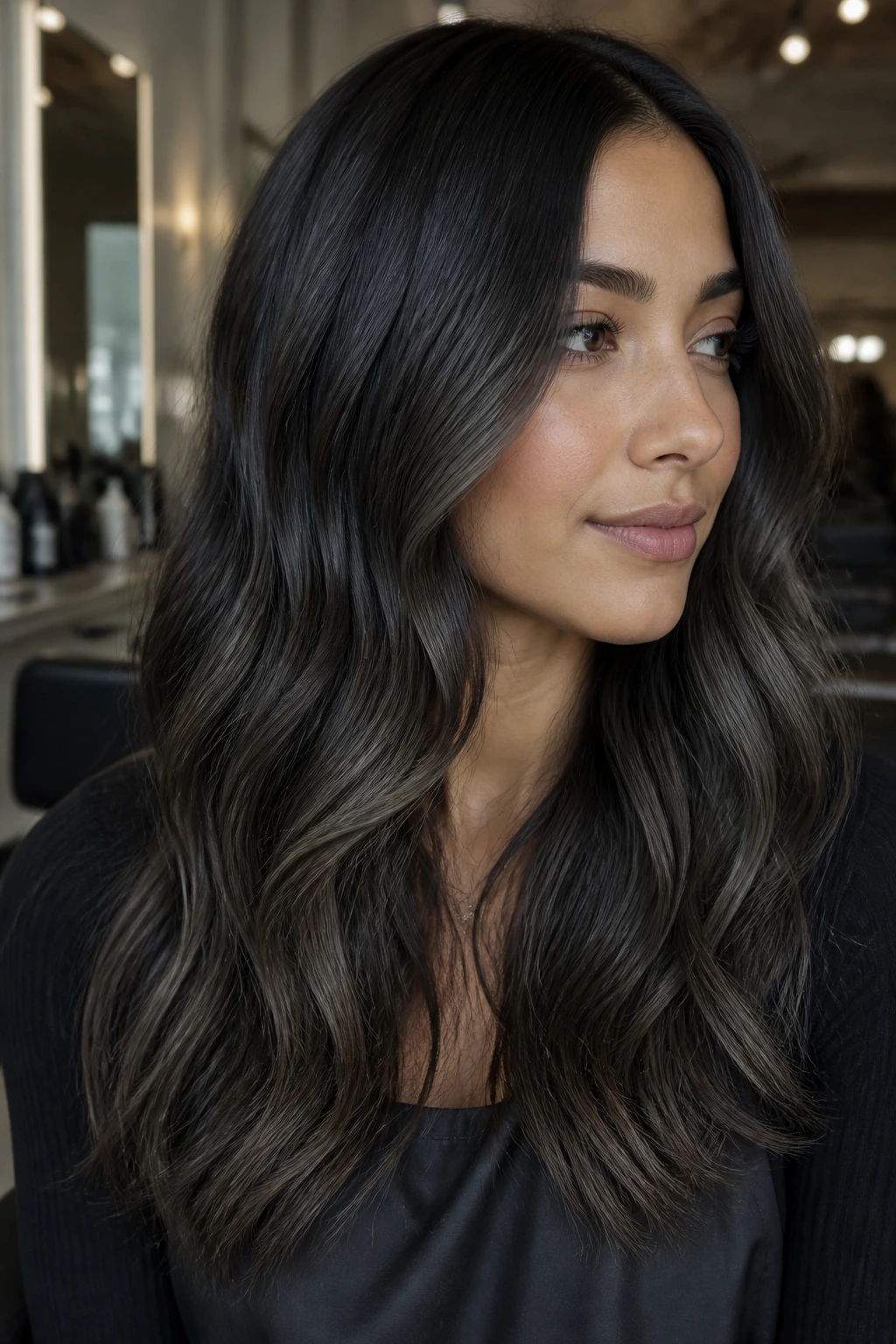 Portrait of ash-black hair with dimensional depth to look smoky, not flat.
