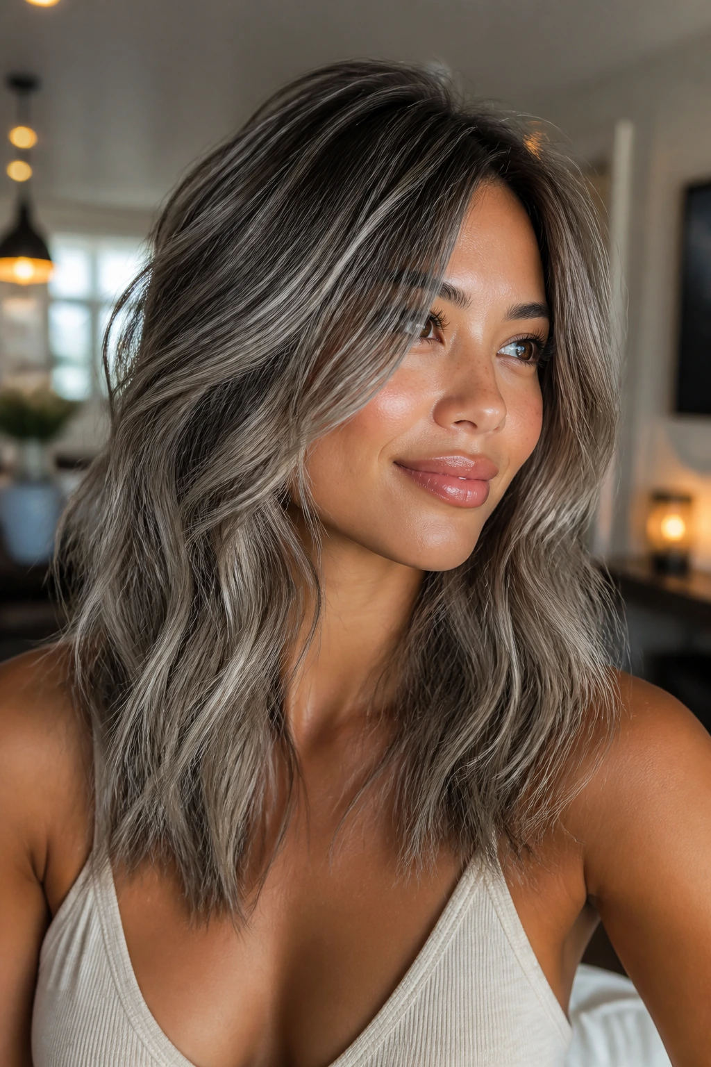 Portrait of a real woman with smoky ash midlength layers and waves