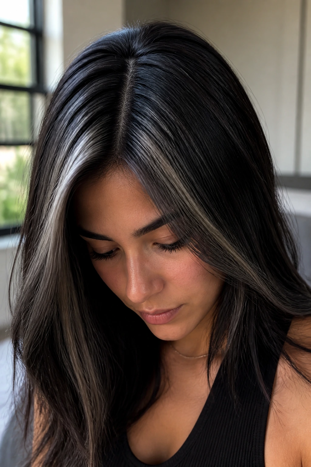 Head-and-shoulders shot showing smoky ash blonde panels along the part
