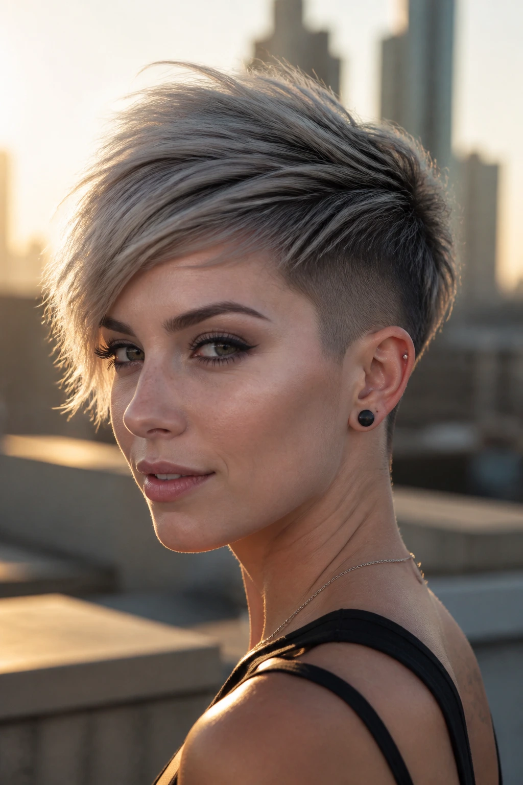 Real person with smoky ash undercut pixie on rooftop at golden hour