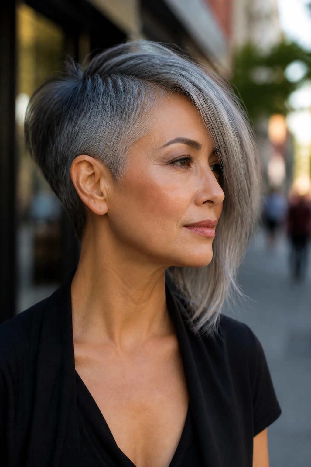 Portrait of a woman with smoky asymmetrical gray cut
