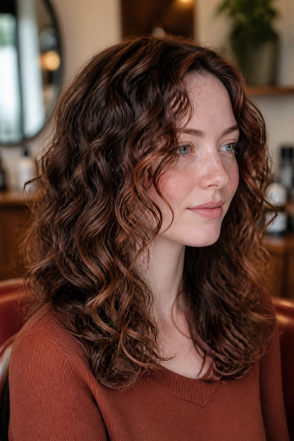 Close-up portrait of a real person with curly hair and smoky auburn balayage on pale skin.