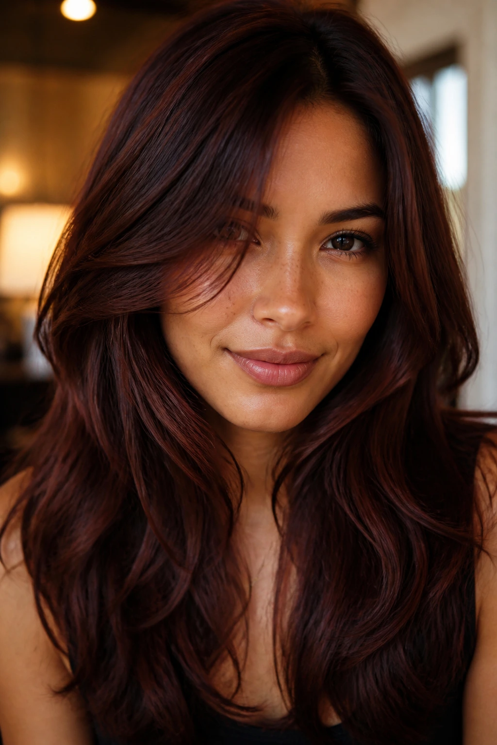 Real woman with smoky auburn gloss on brunette hair