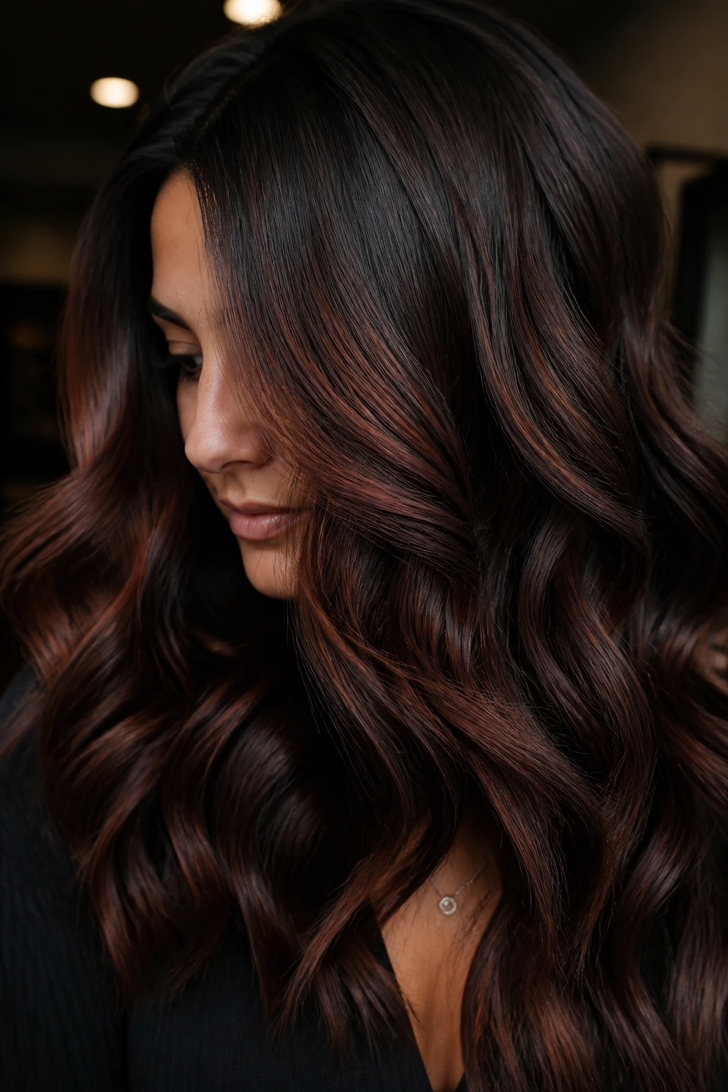 Close-up of smoky auburn lowlights in thick hair