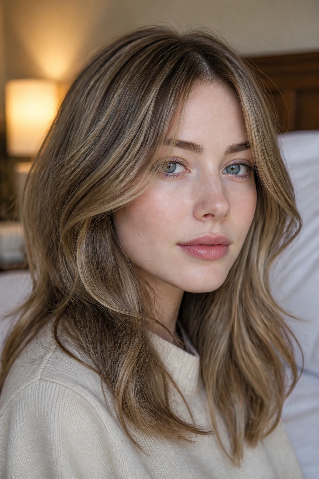 Close-up portrait of a woman with smoky babylights on crown and front