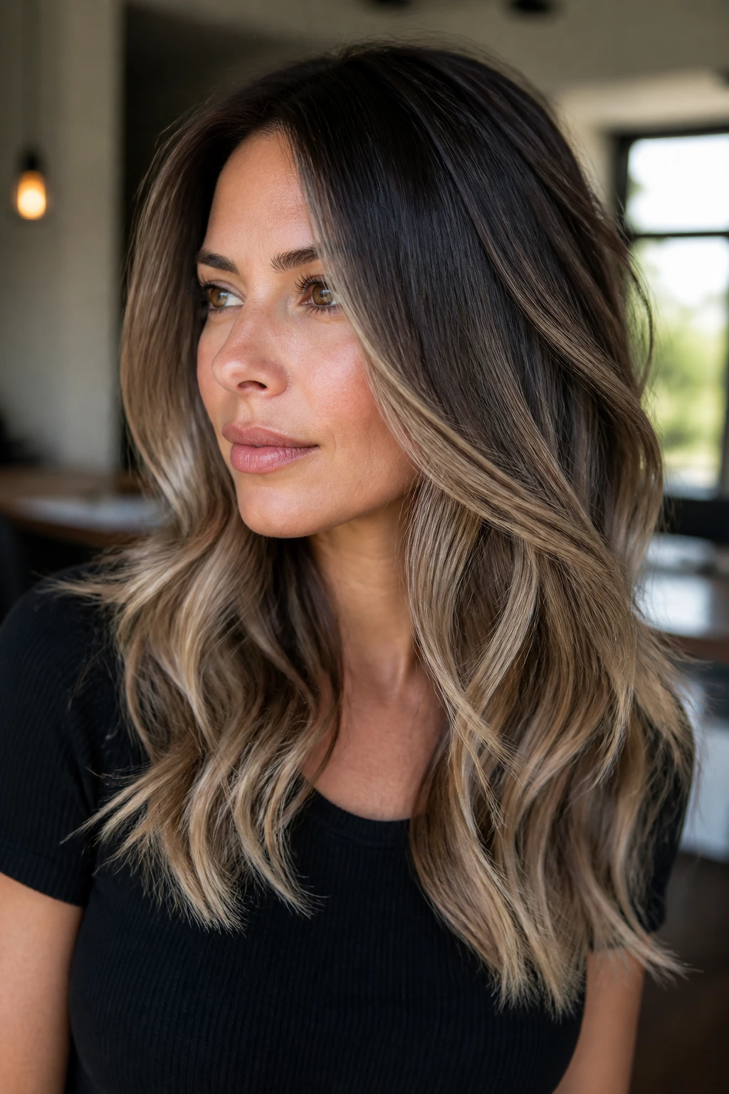 Close-up of brunette with smoky balayage and beige tips on the ends