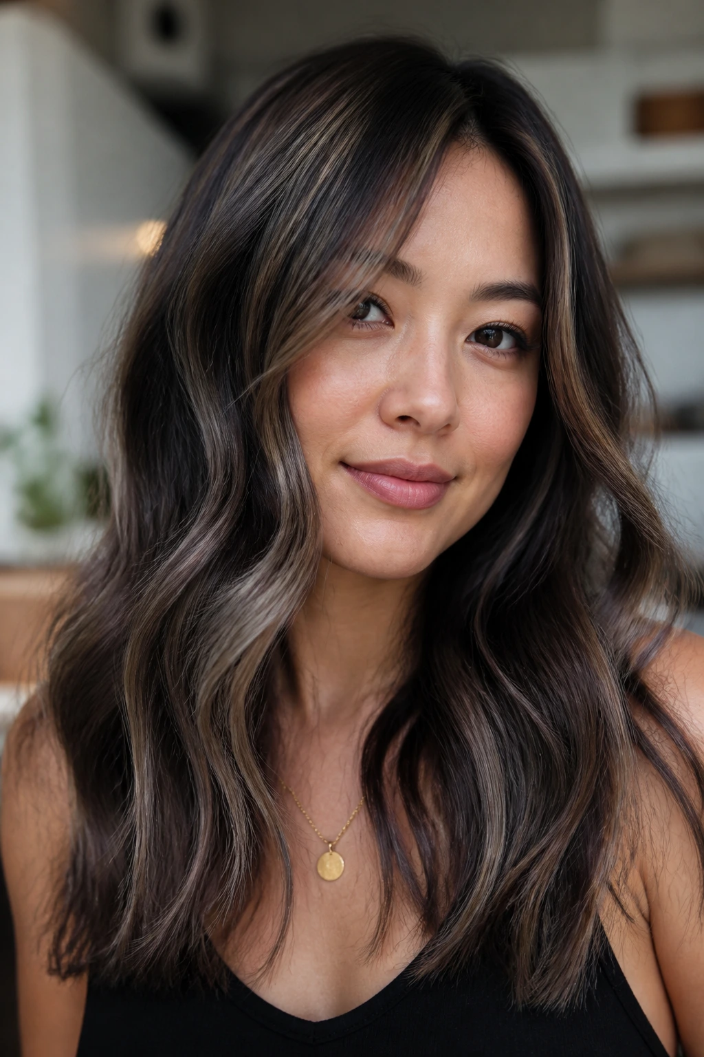 Close-up of a real person with smoky ash-black balayage through chestnut brown hair
