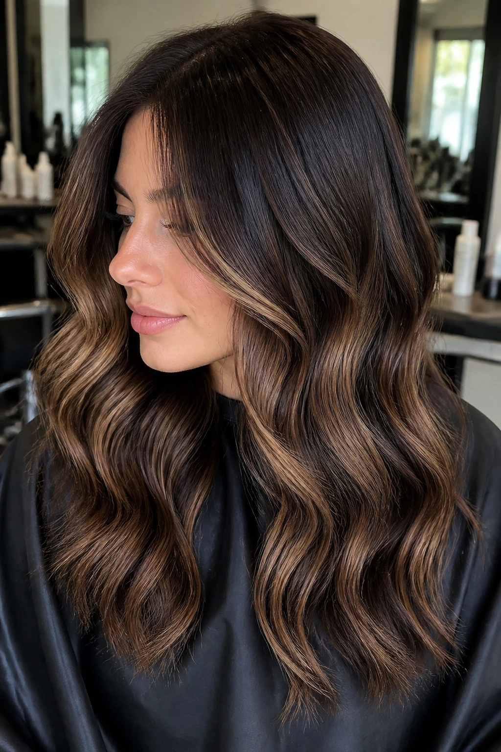 Close-up portrait of brunette with a dark chocolate base and smoky caramel ribbons