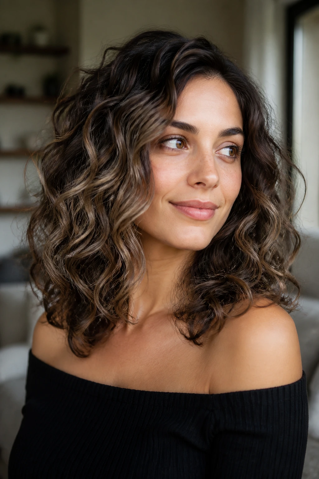 Close-up of curly brunette with smoky balayage highlights in curls