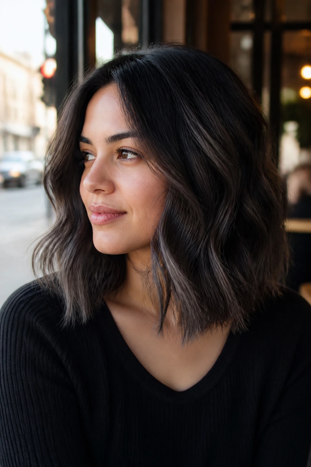 Brunette with smoky balayage lob close-up.