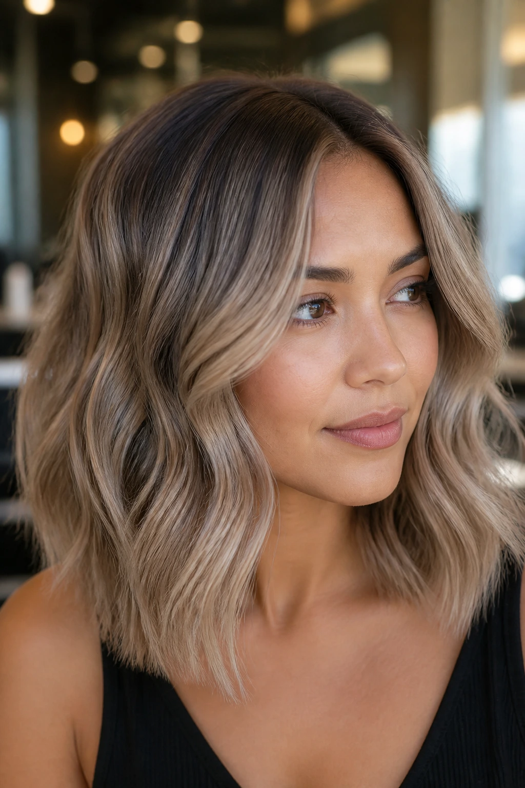 Portrait of a woman with smoky beige ash balayage on shoulder-length hair