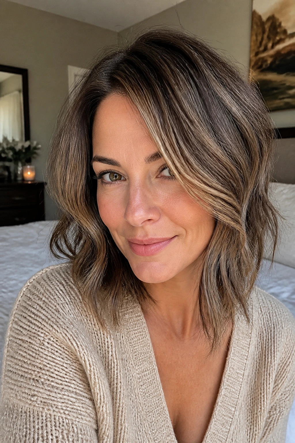 Close-up of brunette with smoky beige blonde babylights.
