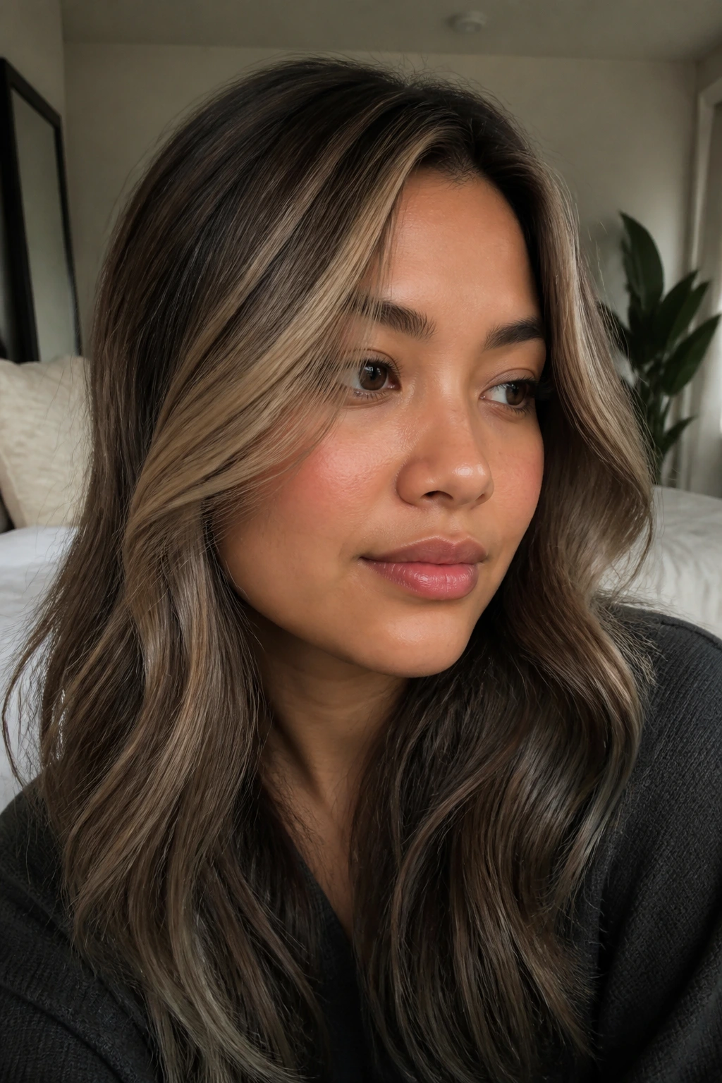 Real person with smoky beige balayage around the face