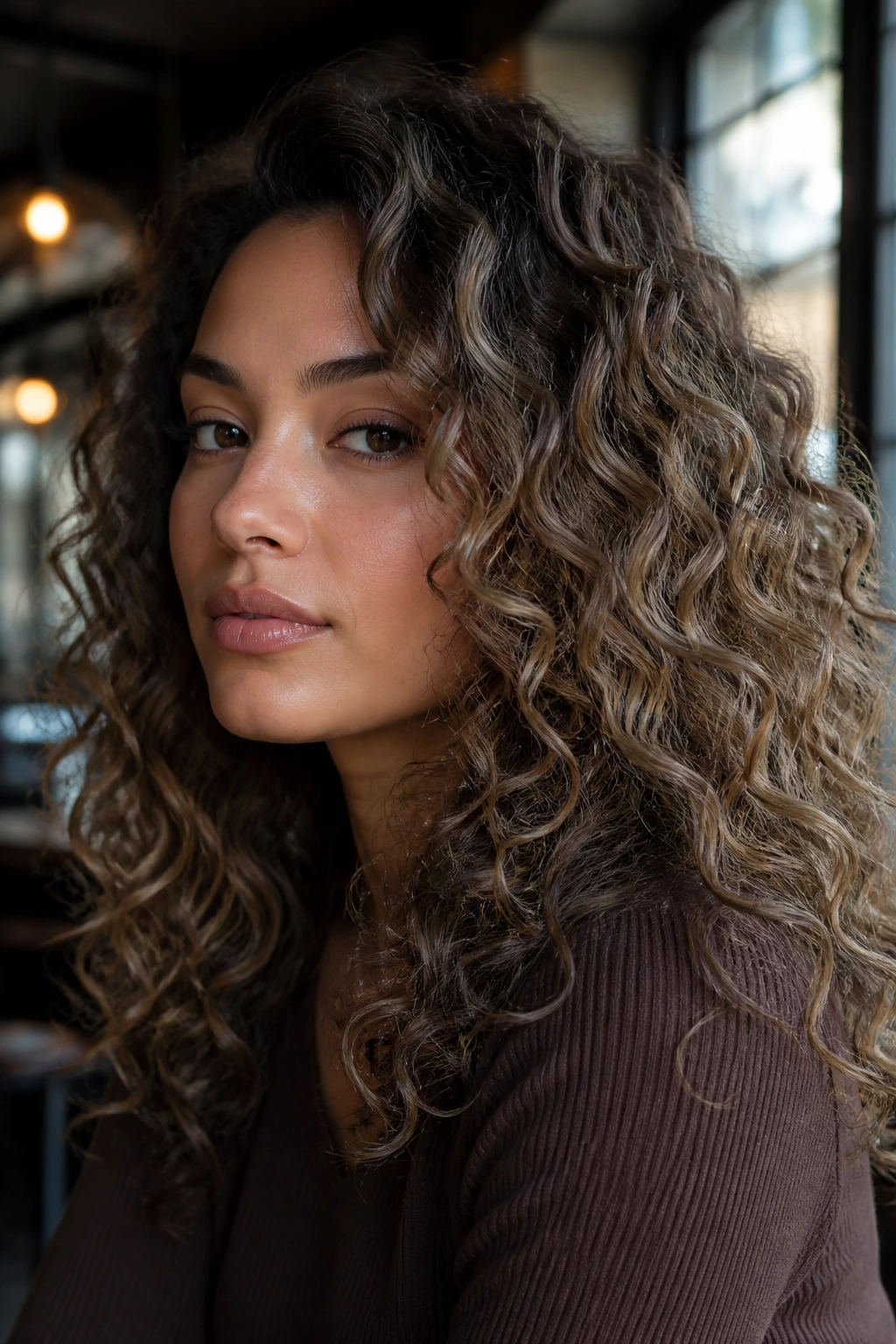 Close-up of a real person with Smoky Beige Balayage on curly hair