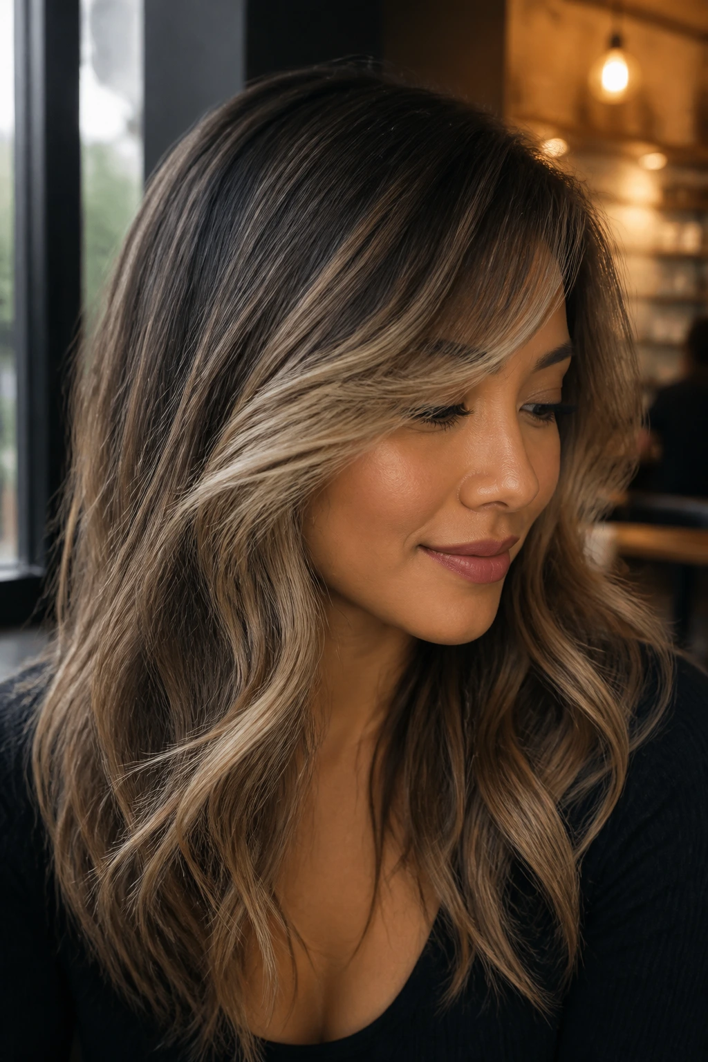 Close-up of a real person with smoky beige balayage and side-swept bangs in soft natural light