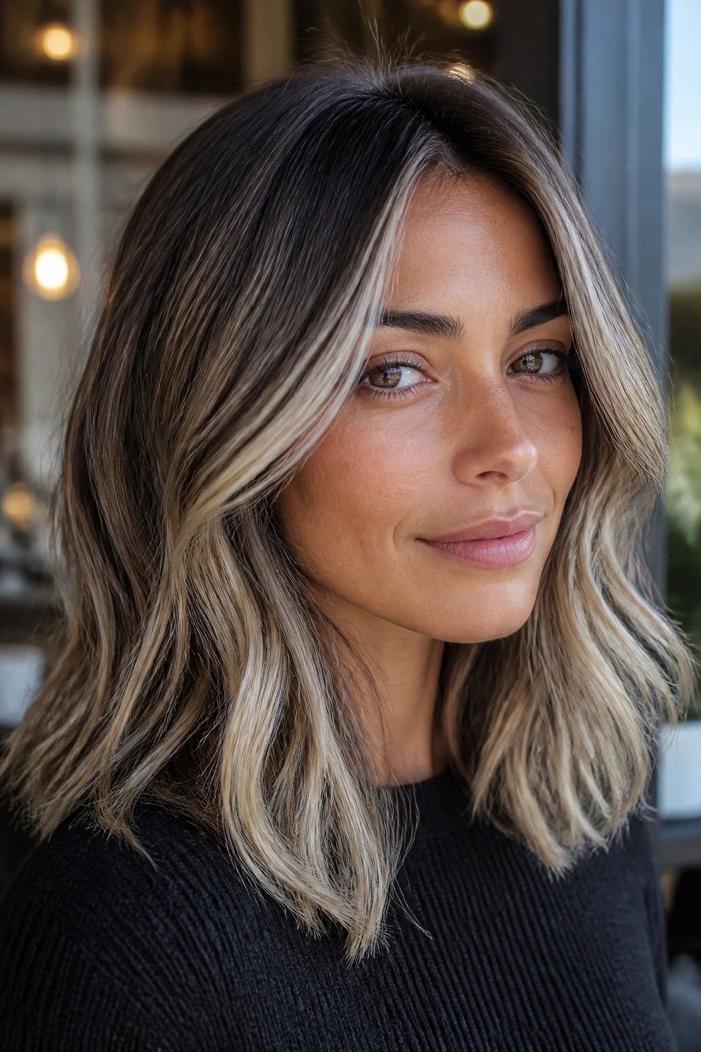 Close-up of smoky beige balayage on olive-toned skin
