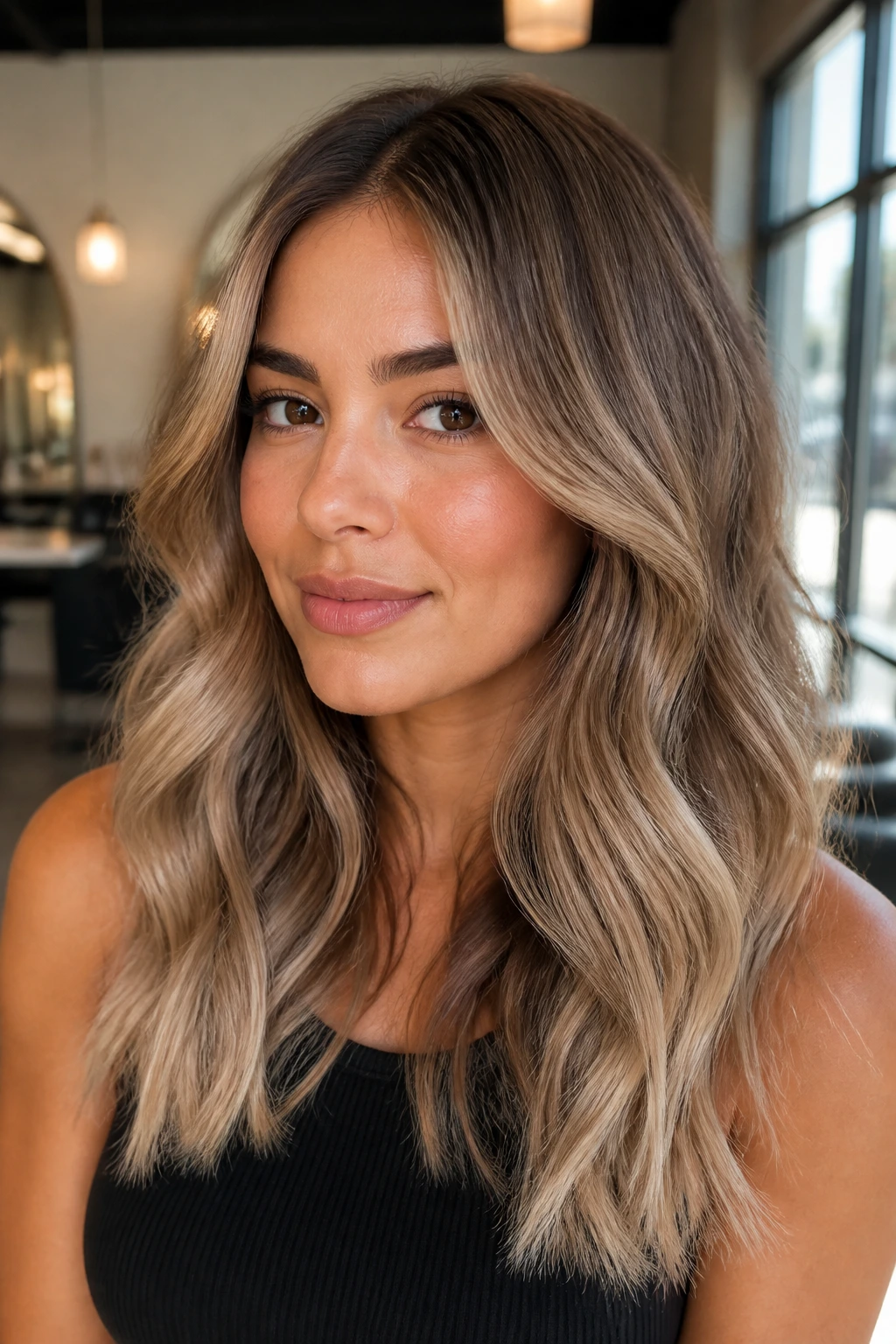 Close-up portrait of a real woman with smoky beige balayage in soft waves, sunlit salon setting