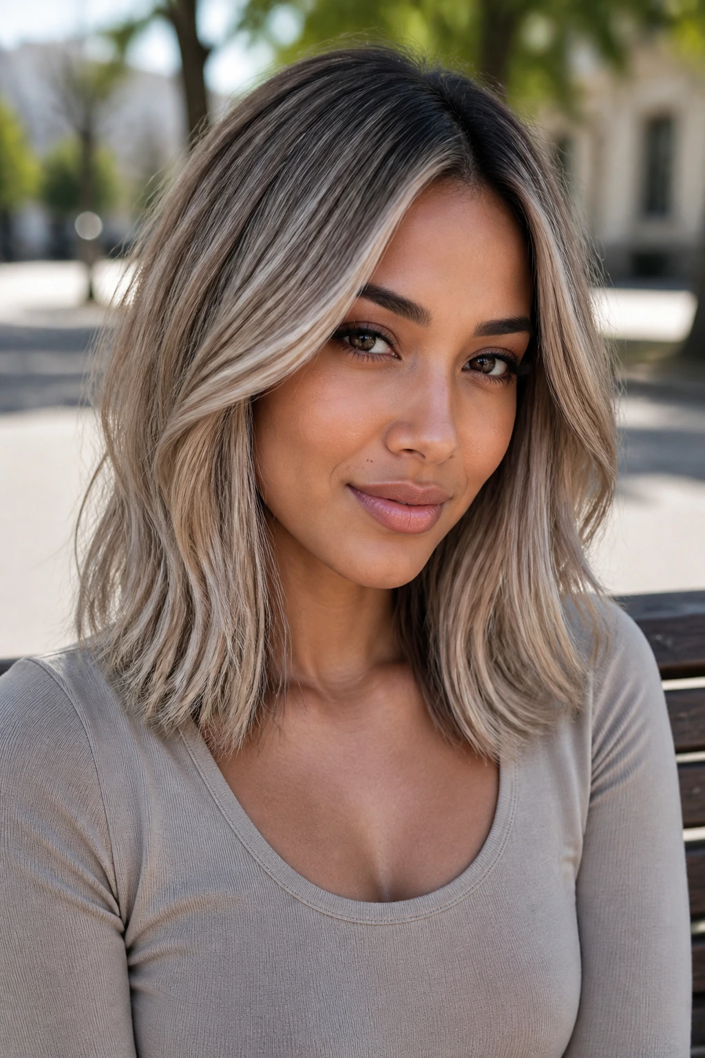 Close-up portrait of a woman with smoky beige blonde shoulder-length hair